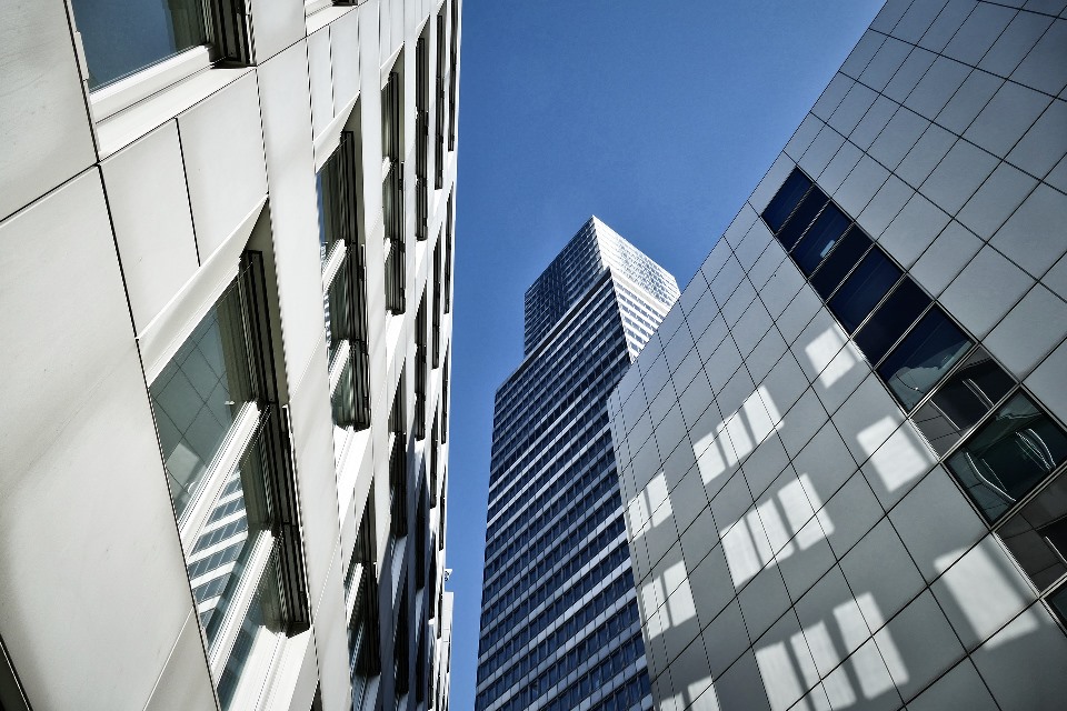 modern architecture office building viewed from ground looking up